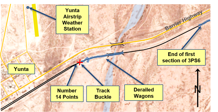 Figure 4: Map of derailment site showing location of 3PS6 and track buckle